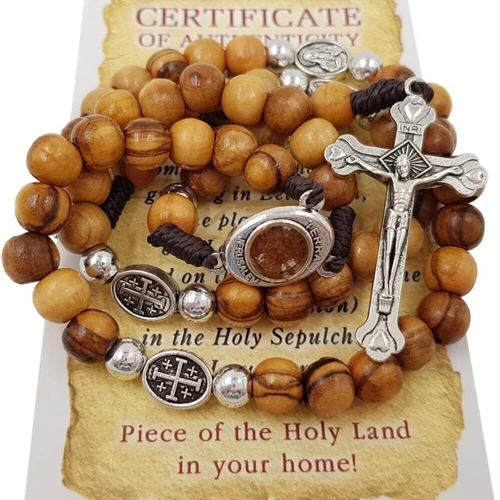 Olive Wood Beads Catholic Rosary Jerusalem Holy Soil Certificate in Blue Pouch - Picture 2 of 5